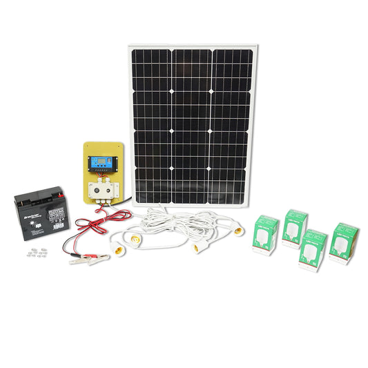 Set of 50W monocrystalline photovoltaic solar panel 670x540x30mm 12-24V battery 12/17Ah 4 bulbs 9W Breckner Germany