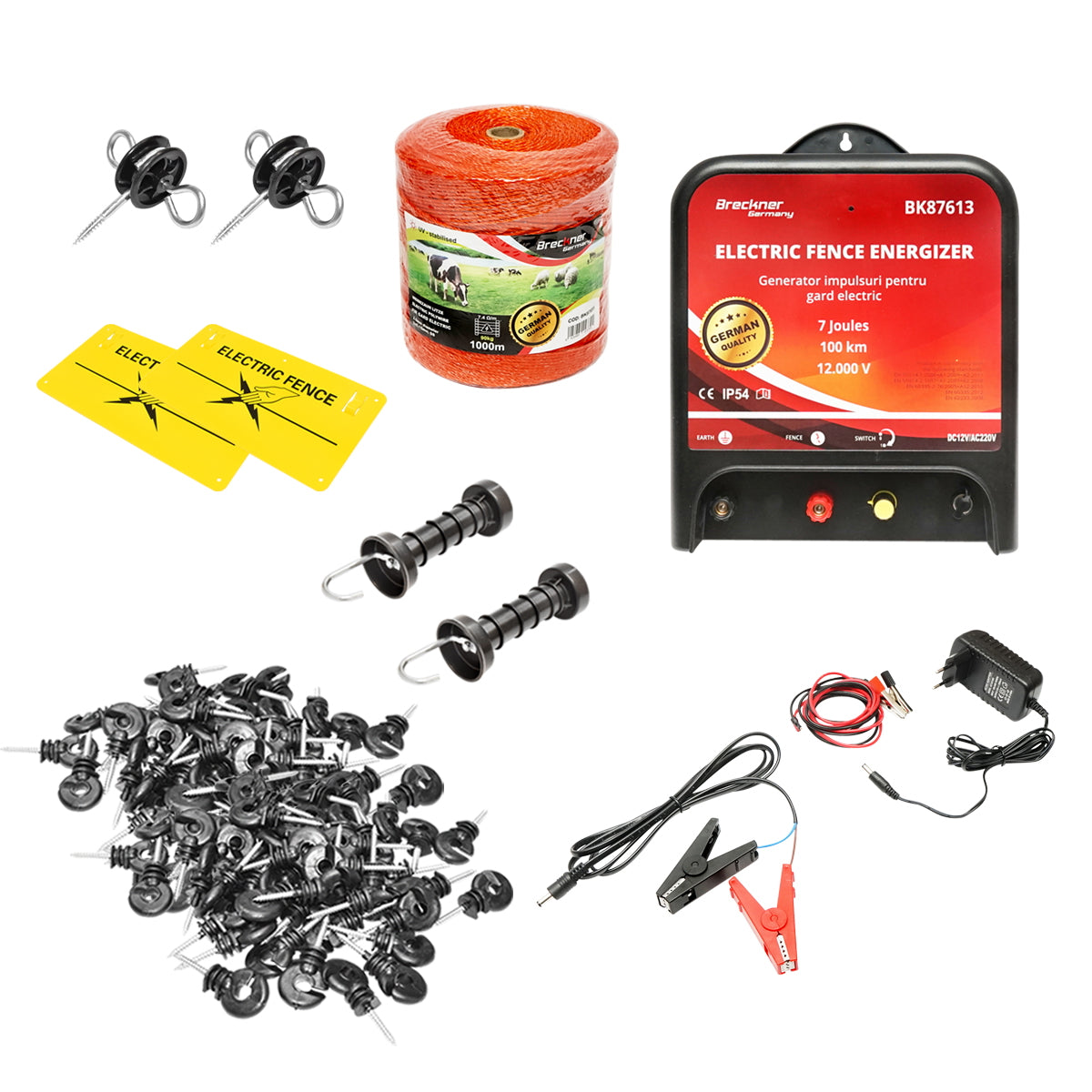 Complete electric fence kit 12/220V, 7 Joules, wire length 1000m, 100 insulators and warning signs Breckner Germany