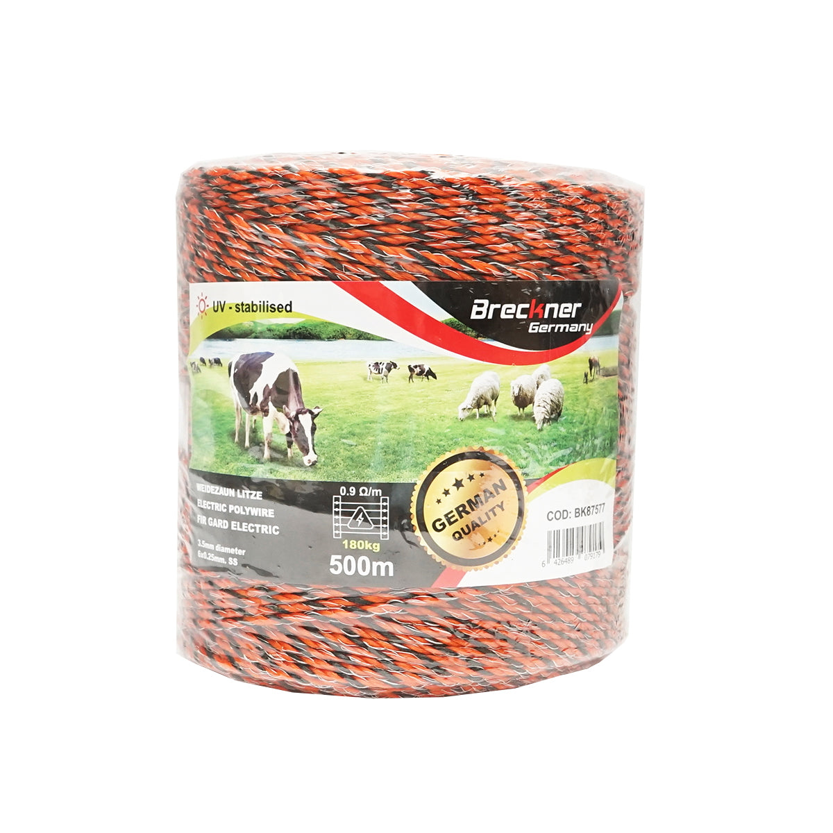 Orange-black wire roll 3.5mm 6x0.25mm SS, 0.9 Ohm/m, 500m electric fence Breckner Germany