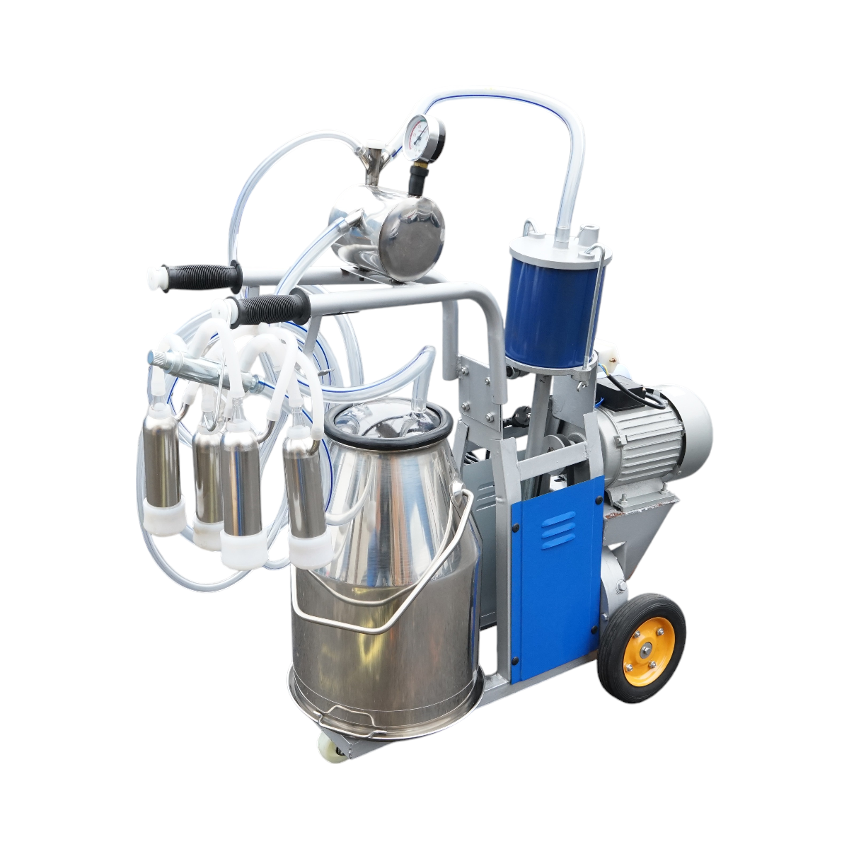 Single post milking machine for cows 550W, 220V stainless steel 25L tank, milking group with 4 teats, vacuum pressure 40-50 kPa, pulsations 64 cpm