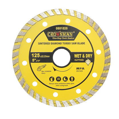 Turbo sintered diamond disc 125x22.23mm, max speed 12200rpm, wet/dry cutting for stone, tiles, ceramics, marble Crownman