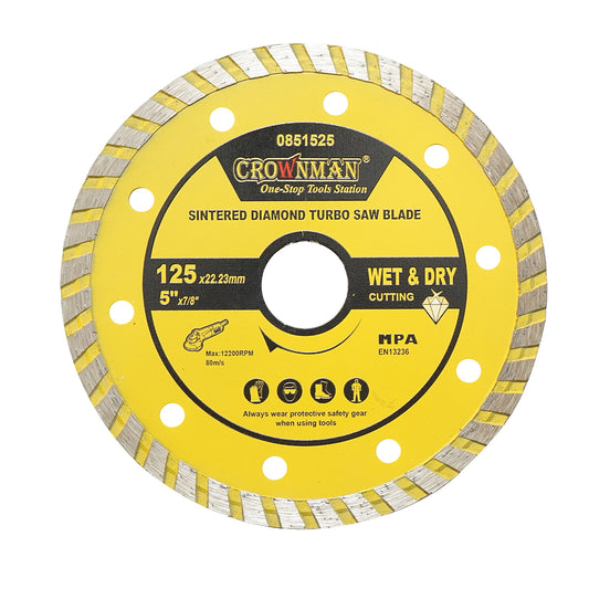Turbo sintered diamond disc 125x22.23mm, max speed 12200rpm, wet/dry cutting for stone, tiles, ceramics, marble Crownman
