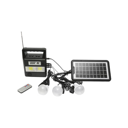 Portable LED lighting kit with 3 bulbs/projector, FM radio, solar panel remote control and 6V, 3 Ah battery for fishing camping GD-8216