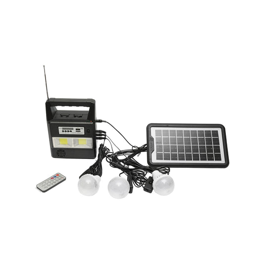Portable LED lighting kit with 3 bulbs/projector, FM radio, solar panel remote control and 6V, 3 Ah battery for fishing camping GD-8216