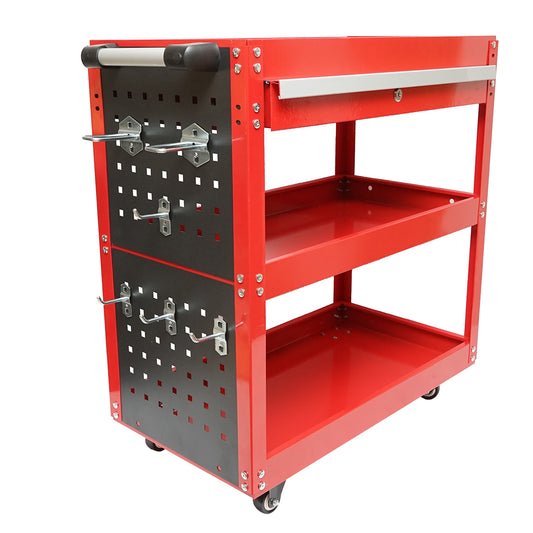 Metal trolley on wheels with 3 shelves, supports, and drawer for tools 660x360x730mm
