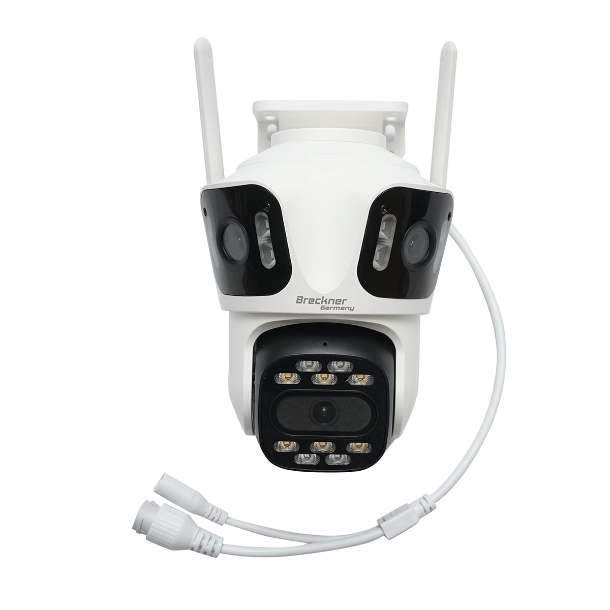 Surveillance camera with 3 lenses, 3 objectives 8 MP, 2 dual control CPUs, P2P WIFI 2.4G, PTZ with motion sensor, alarm, night vision, AI human detection, and iCSee application.