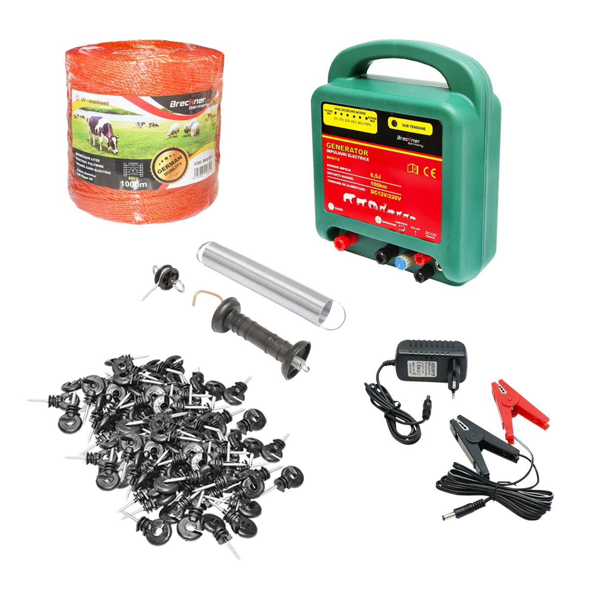 Complete electric fence kit 12/220V 6.5 Joules wire length 1000m, 100 Britmann insulators
