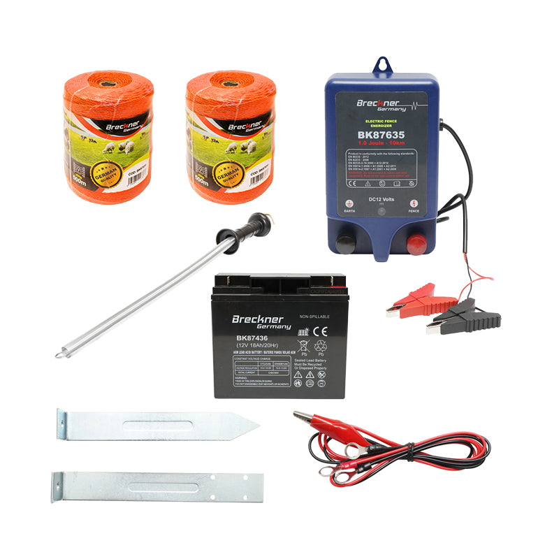 Complete electric fence kit 12V, 1 Joule, 12V/17 Ah battery, 1000m wire length, 100 insulators, gate kit Breckner Germany