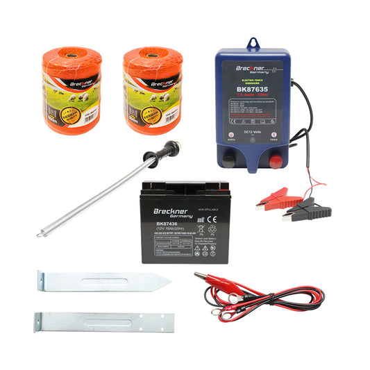 Complete electric fence kit 12V, 1 Joule, 12V/17 Ah battery, 1000m wire length, 100 insulators, gate kit Breckner Germany