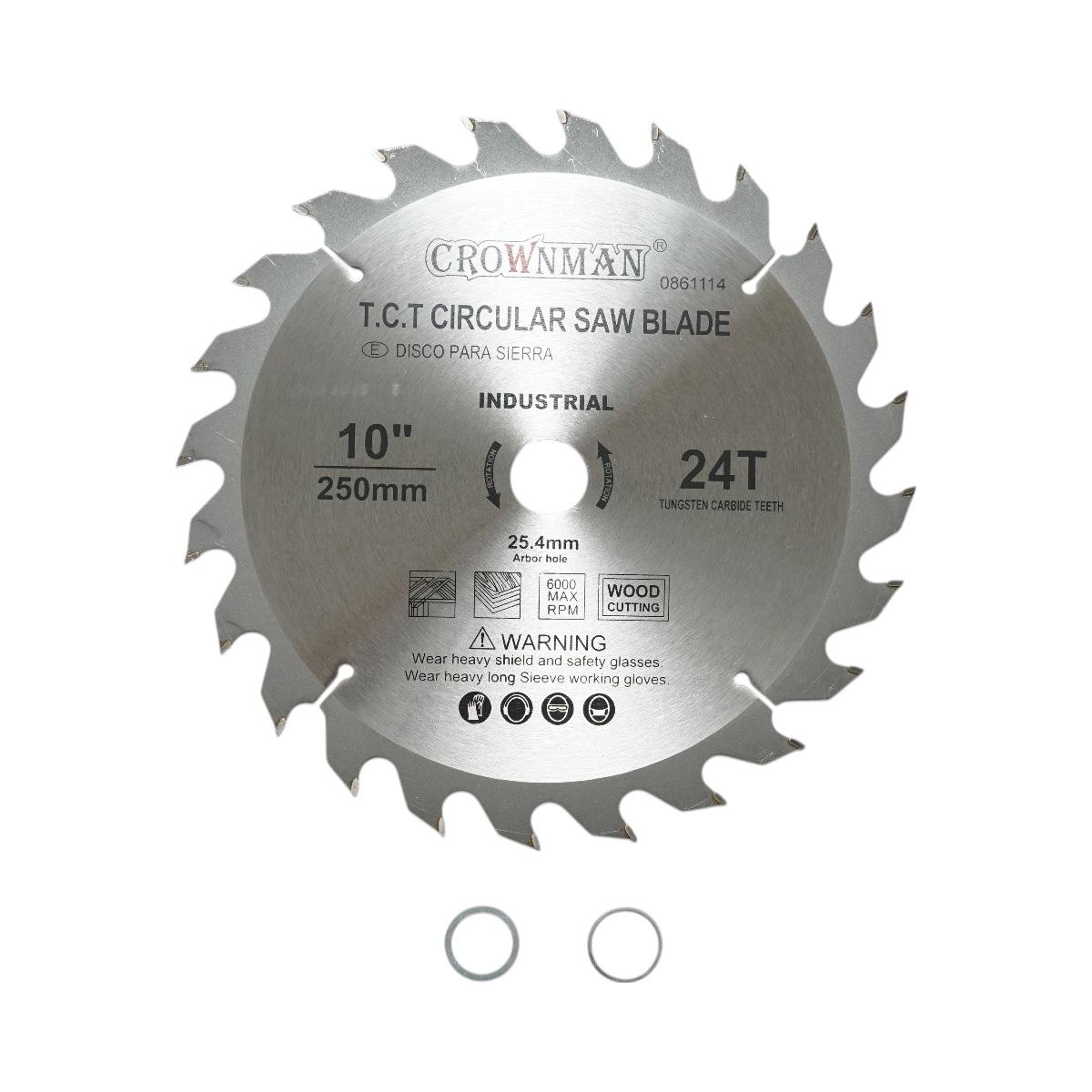 Crownman industrial circular saw blade for wood 250x25.4mm, max speed 6000rpm, 24 teeth.