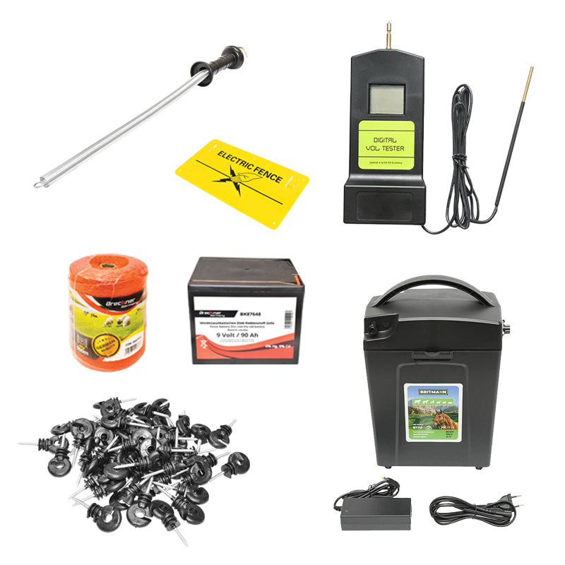 Complete electric fence kit 9/12V, 0.7 Joule, wire length 500m, 100 insulators, gate handles, warning plate, and dry battery (non-rechargeable) 9V/90Ah Breckner Germany.