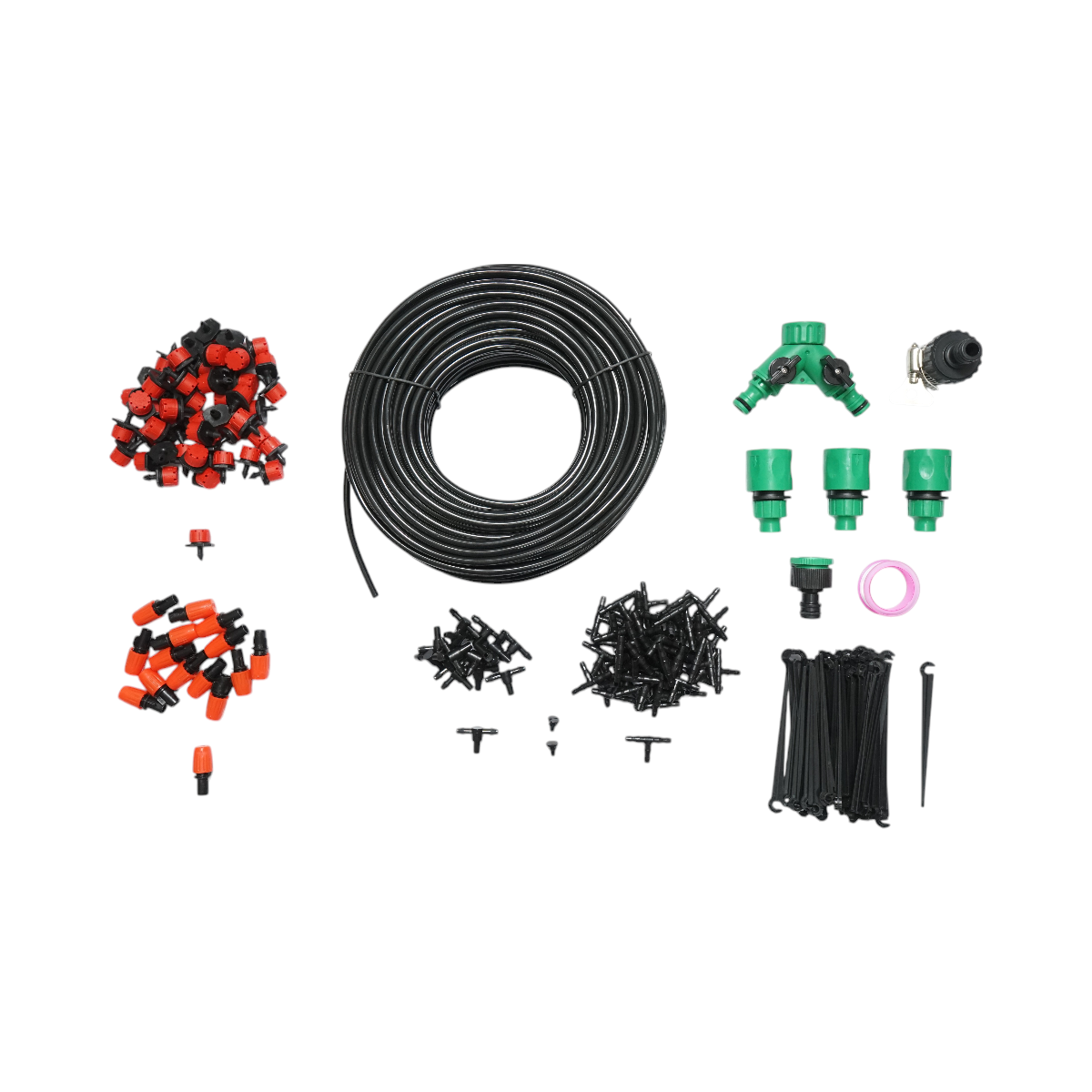 Complete drip and spray irrigation kit with 50m hose, nozzles, connectors, fixing stakes, 201 pieces