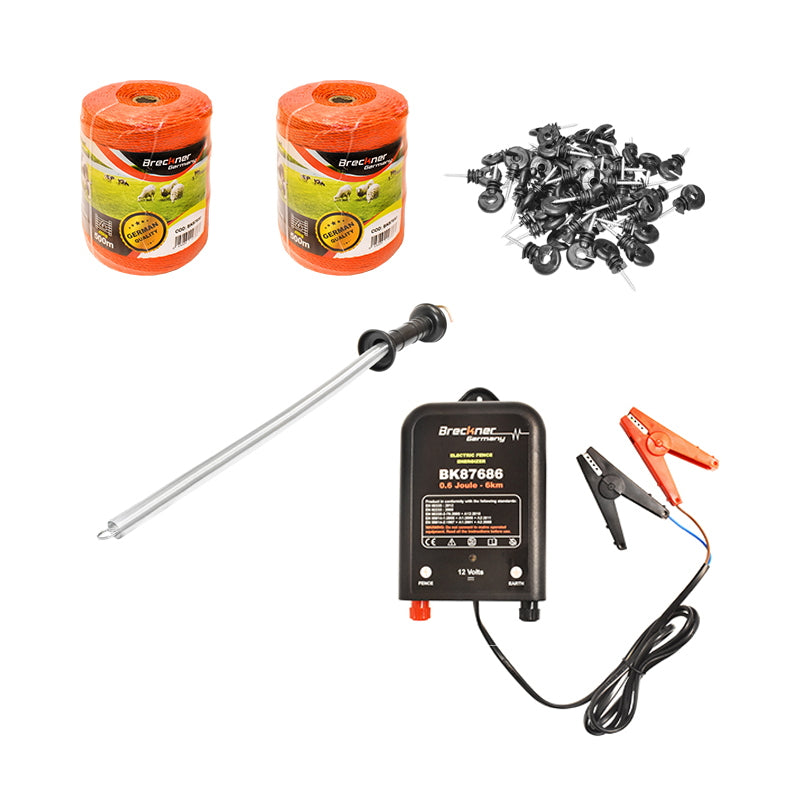 Complete 12V electric fence kit 0.6 Joule, wire length 1000m, 100 insulators, Breckner Germany gate kit.