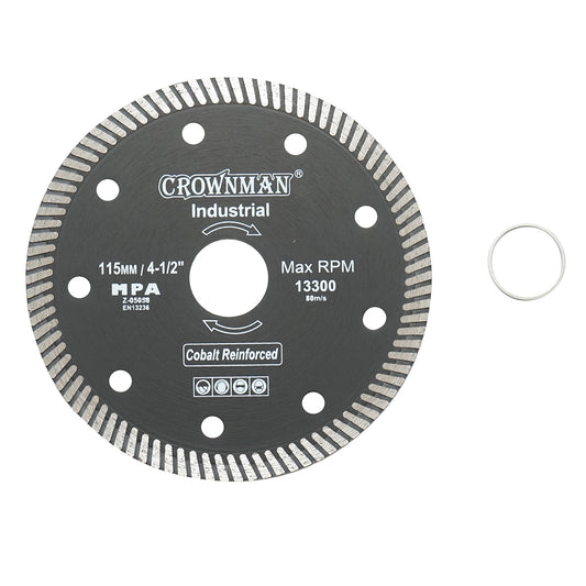 Turbo diamond disc 115x22.23x1.35mm, max speed 13300rpm, wet/dry cutting for stone, ceramic tiles Crownman