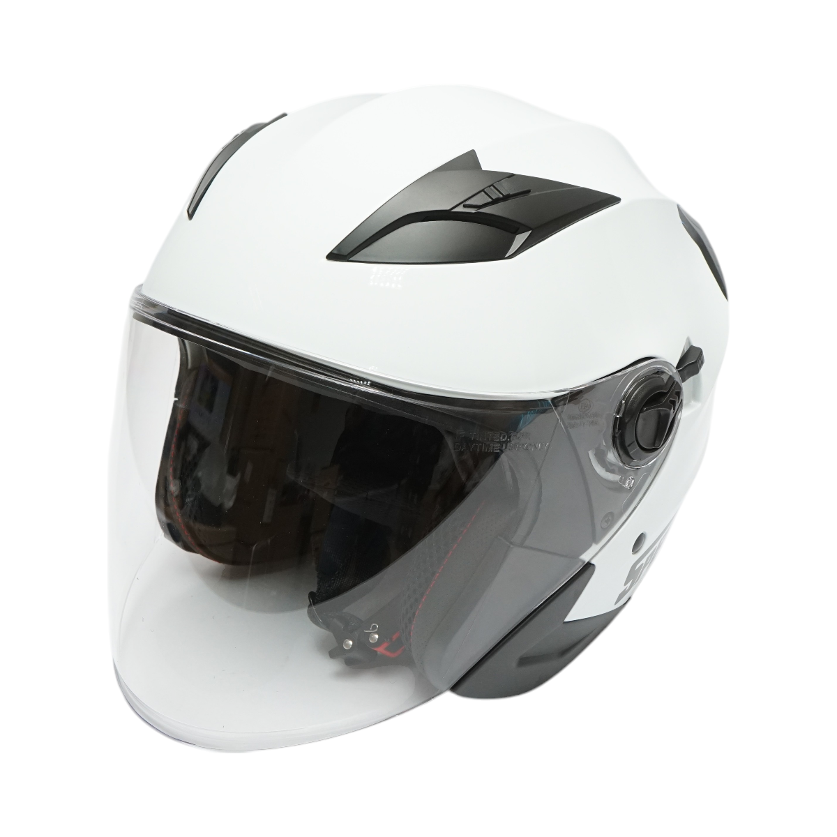 White jet-type motorcycle helmet, urban model with a transparent visor and sunglasses, size XL.