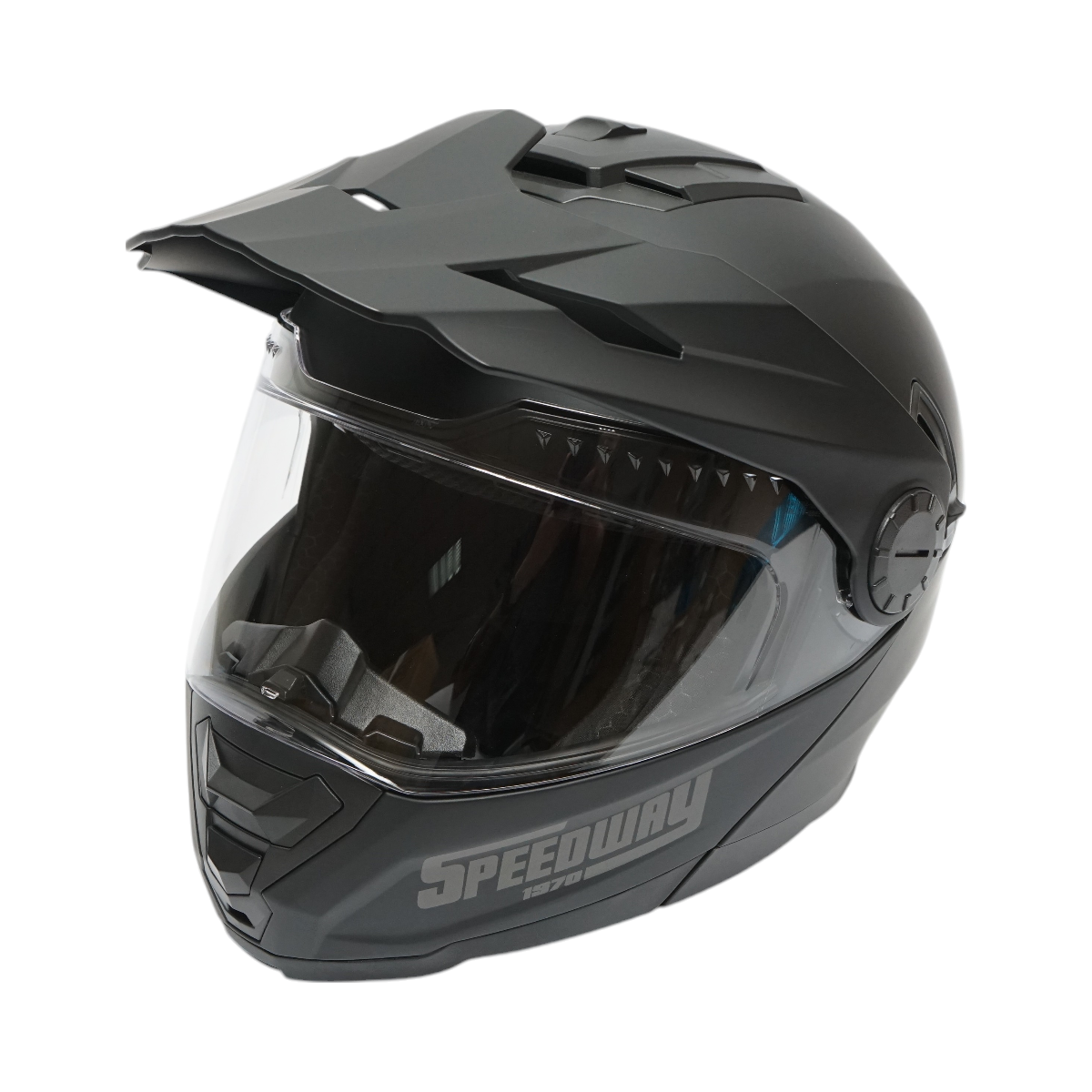 Matte black full-face motocross helmet with a clear visor and sunglasses, size L Lion