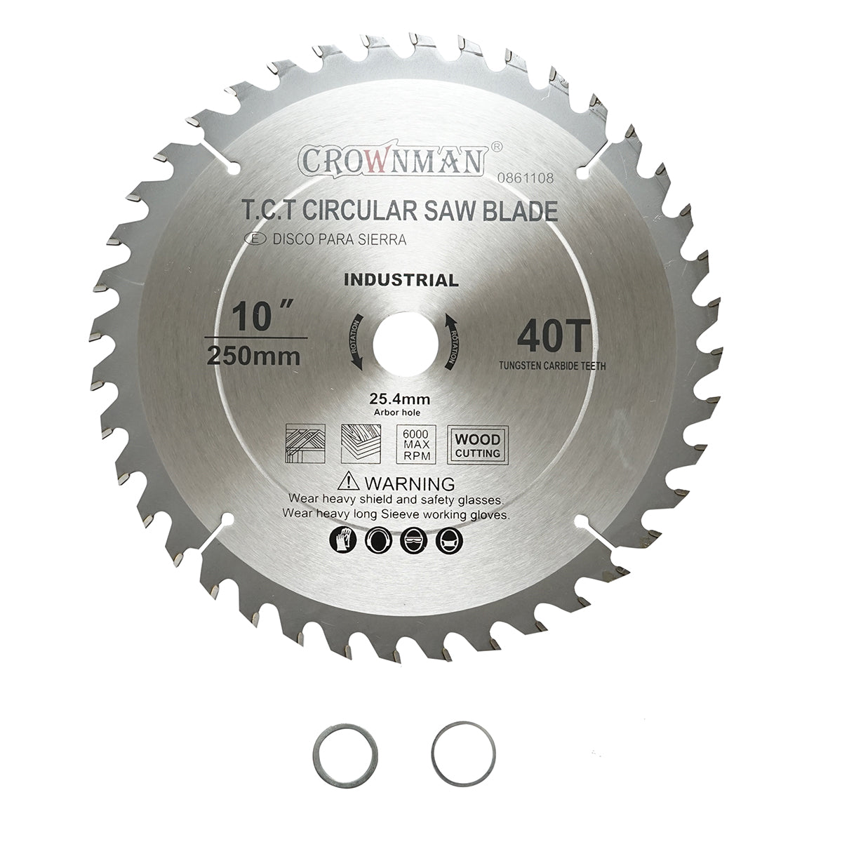 Crownman 250x25.4mm circular saw blade for wood, max speed 6000rpm, 40 teeth, industrial