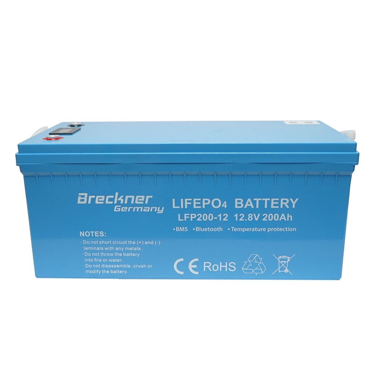 Li-ion Battery LifePo4 12.8V, 200Ah with BMS, Bluetooth, LCD display and temperature protection, IP65 Breckner Germany