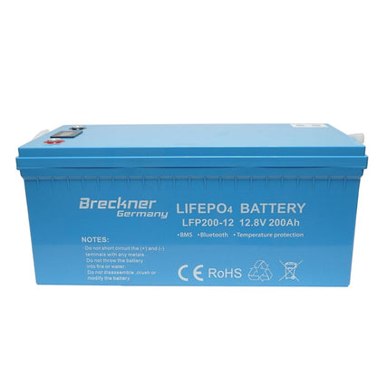 Li-ion Battery LifePo4 12.8V, 200Ah with BMS, Bluetooth, LCD display and temperature protection, IP65 Breckner Germany