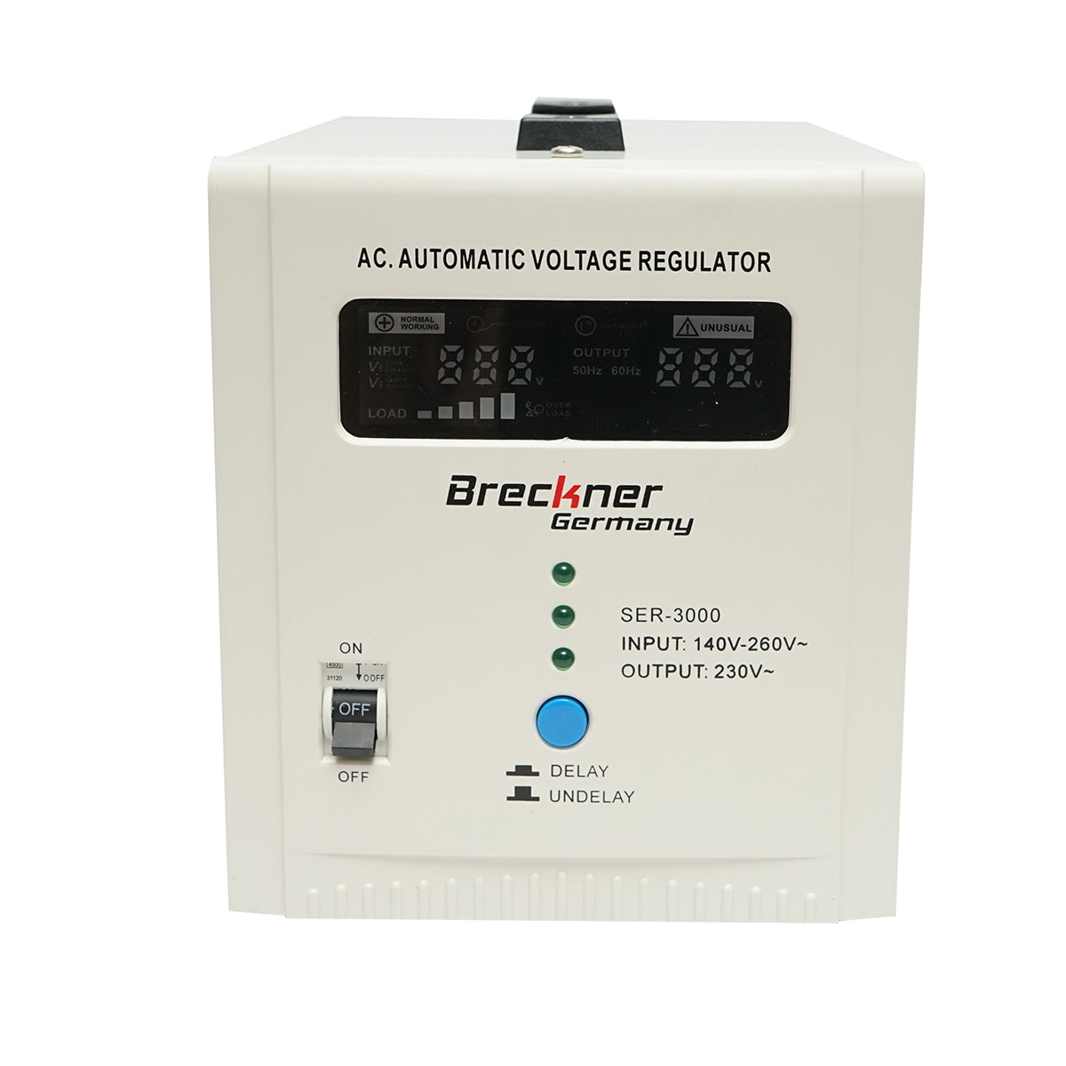 Single-phase automatic voltage stabilizer with relay 3000VA/140-260V, 2 Schuko sockets 230V, LCD display Breckner Germany