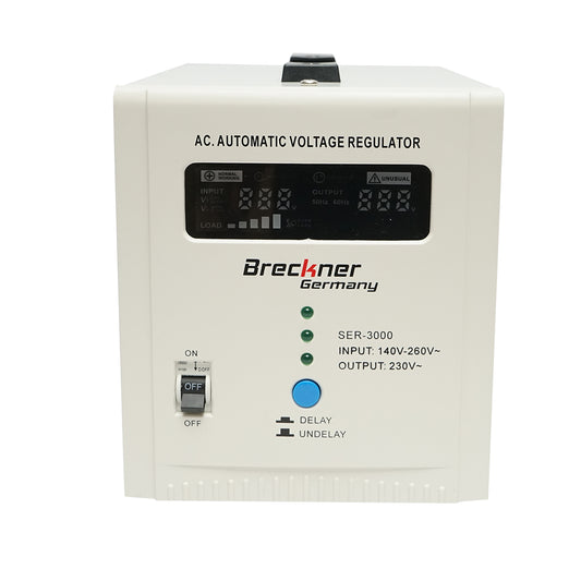 Single-phase automatic voltage stabilizer with relay 3000VA/140-260V, 2 Schuko sockets 230V, LCD display Breckner Germany
