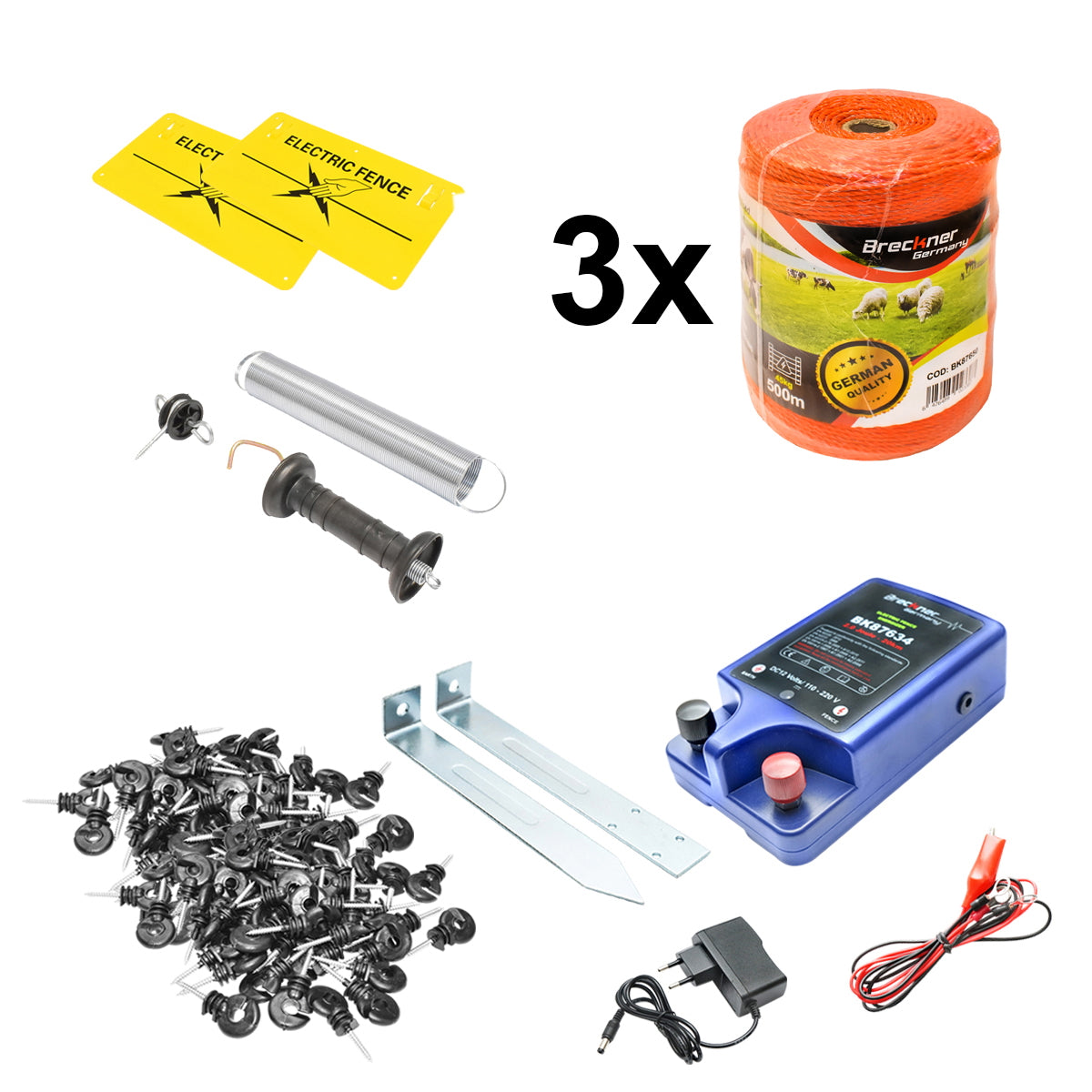 Complete electric fence kit 12/220V, 3 Joules, wire length 1500m, 200 insulators, 2 gate handles and 2 warning signs Breckner Germany
