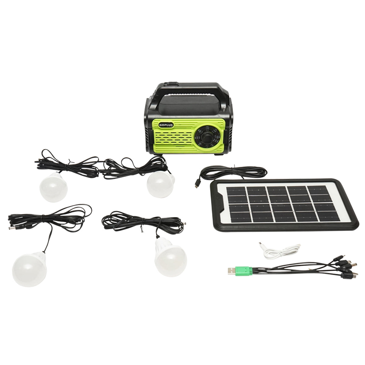 Portable LED lighting kit with 4 bulbs/projector, solar panel, FM radio, and 10000 mAh battery for fishing camping GD-8076