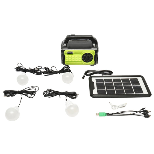 Portable LED lighting kit with 4 bulbs/projector, solar panel, FM radio, and 10000 mAh battery for fishing camping GD-8076