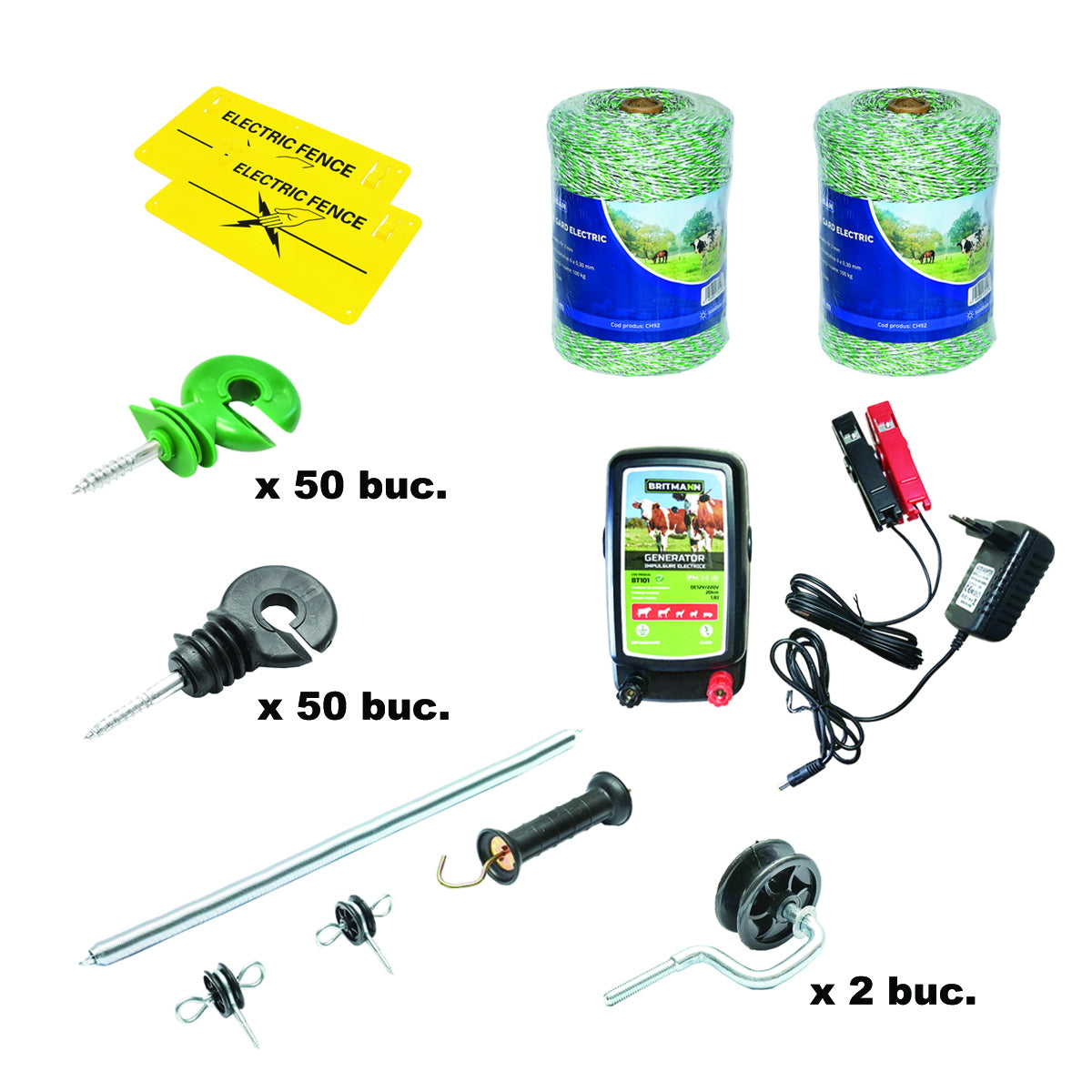 Complete electric fence kit 12/220V, 1.8 Joule, wire length 2x500m, 100 insulators, handle, gate and 2 warning signs Breckner Germany