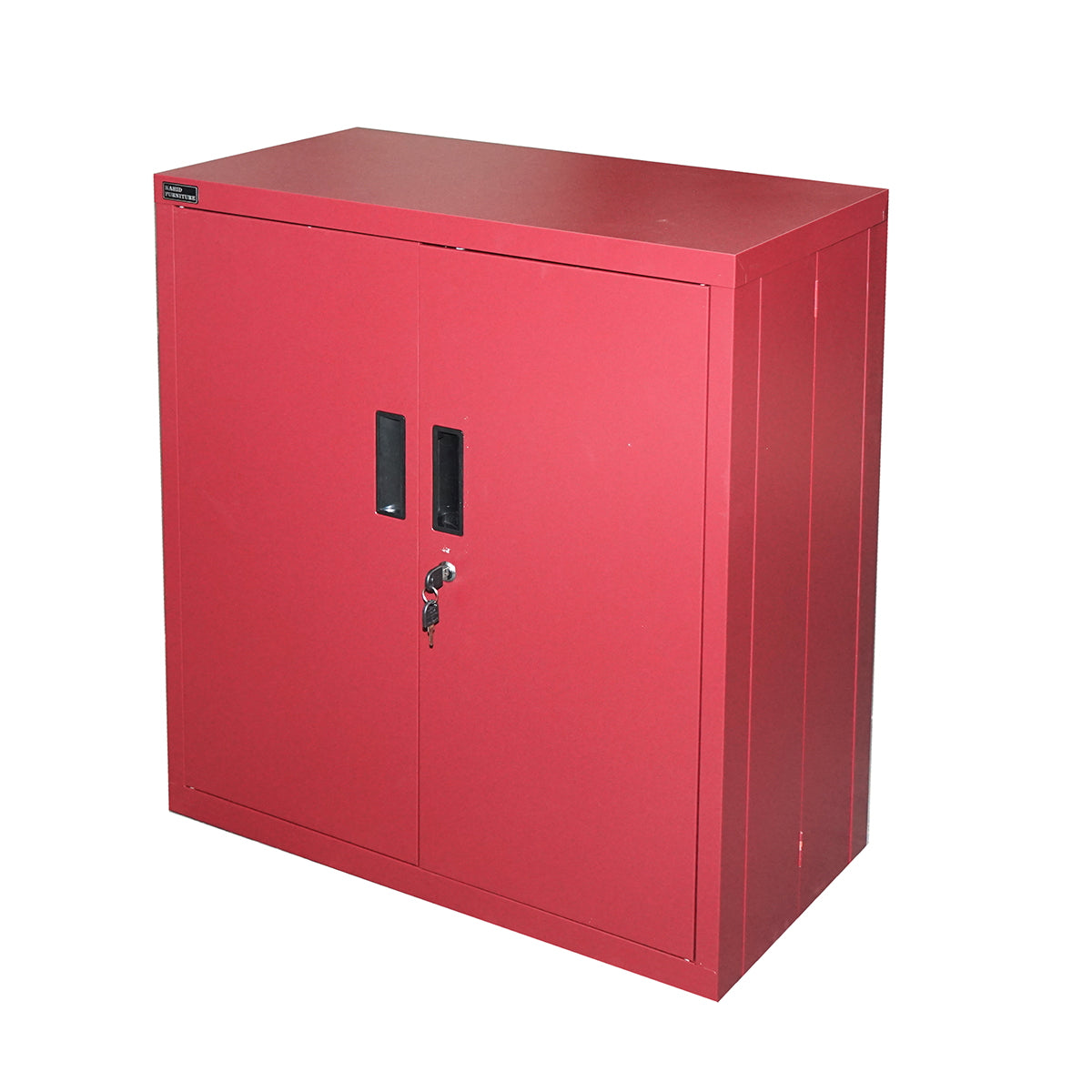 Red metal cabinet with one shelf and 2 secured doors 750x750x350mm