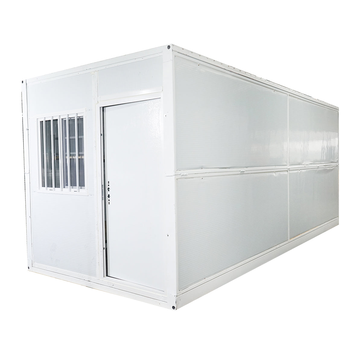 Foldable house type container 5800x2460x2510mm with door, 2 windows, shower cabin, toilet, and 2 bunk beds.
