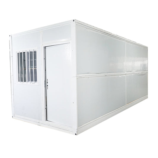 Foldable house type container 5800x2460x2510mm with door, 2 windows, shower cabin, toilet, and 2 bunk beds.