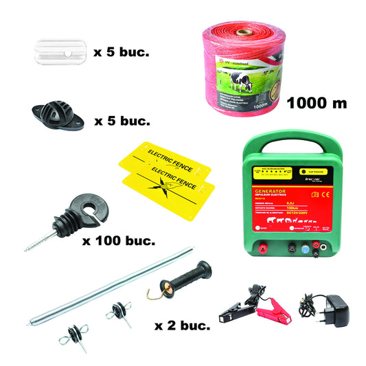 Complete electric fence kit 12/220V, 6.5 Joules, 1000m wire length, 100 insulators, handle, gate, and 2 warning signs Breckner Germany