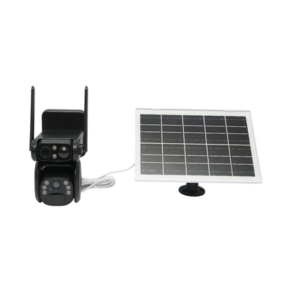 Surveillance camera with dual lens 6MP, 4G, WIFI 2.4 GHz with solar panel, 9000 mAh battery, PTZ control, motion sensor, PIR human detection, night vision and Ubox application