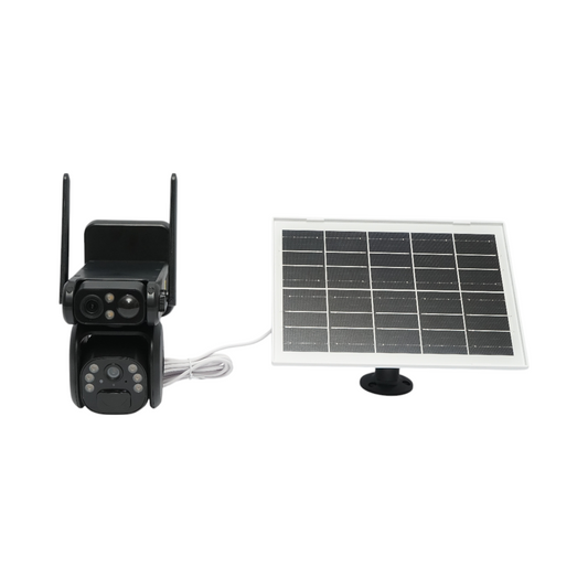 Surveillance camera with dual lens 6MP, 4G, WIFI 2.4 GHz with solar panel, 9000 mAh battery, PTZ control, motion sensor, PIR human detection, night vision and Ubox application