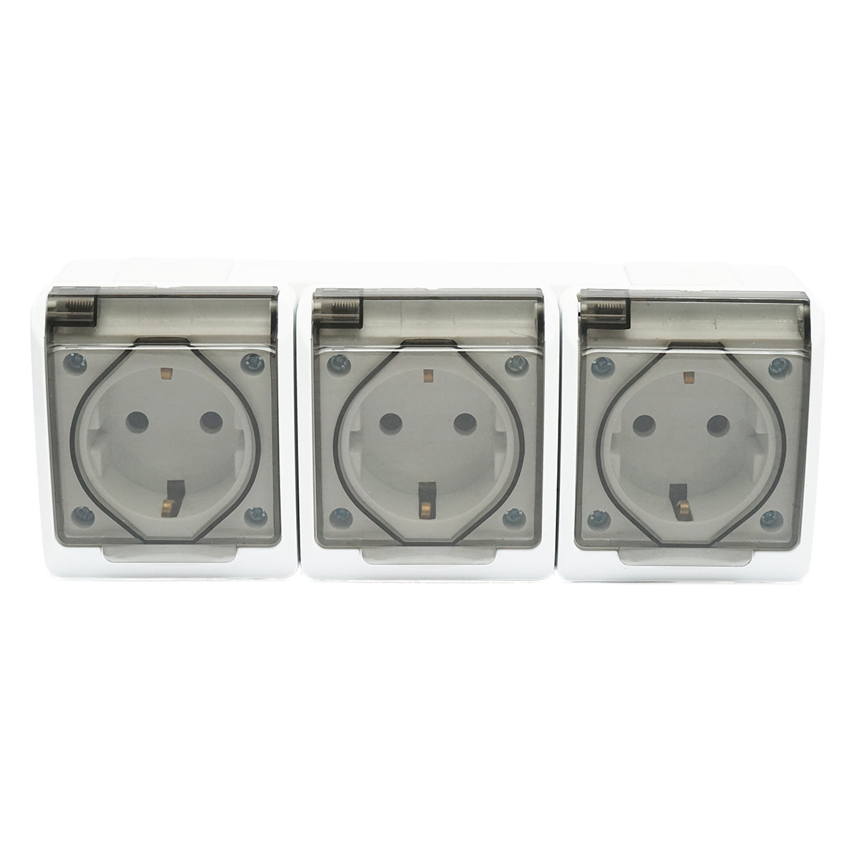 Applied triple socket for 16A, 250V with protective contact and transparent cover IP44 Breckner Germany