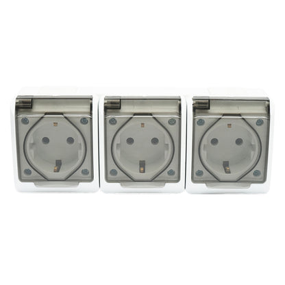 Applied triple socket for 16A, 250V with protective contact and transparent cover IP44 Breckner Germany
