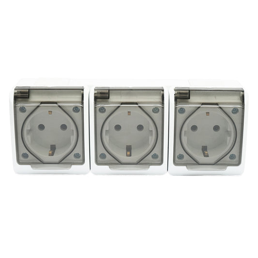 Applied triple socket for 16A, 250V with protective contact and transparent cover IP44 Breckner Germany