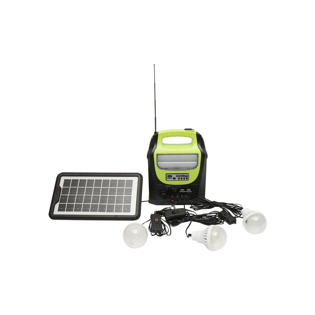 Portable LED lighting kit with 3 bulbs/projector, FM radio, solar panel, and 6V, 4.5Ah battery for fishing camping GD-8071