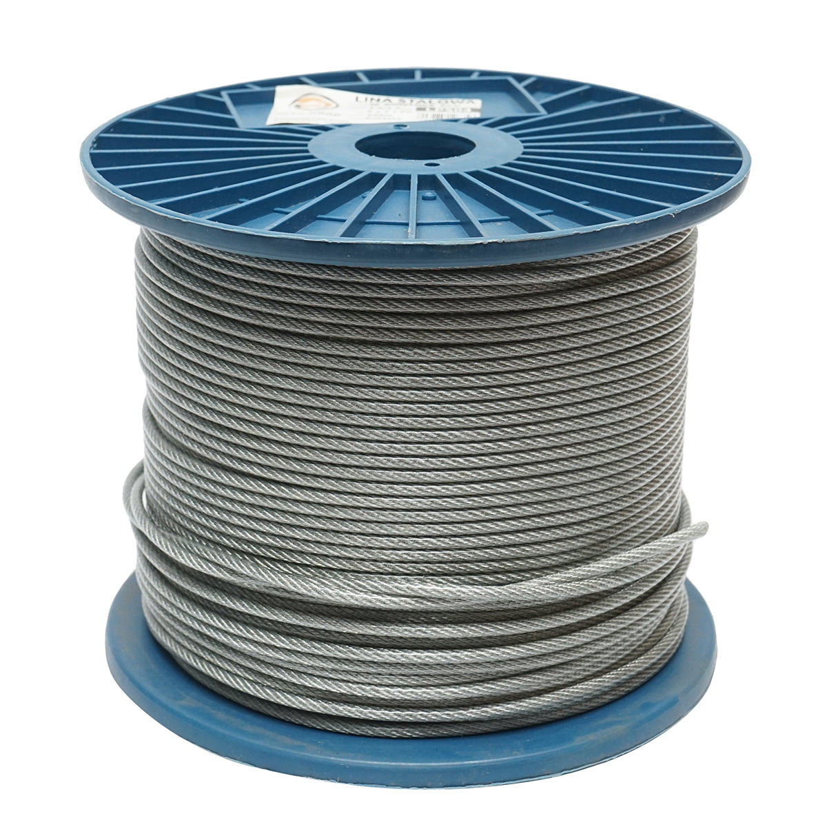 Galvanized steel cable with PVC coating 4mm diameter, 6x7+FC strands, maximum load 539Kg, weight 8.08Kg, 200m/roll