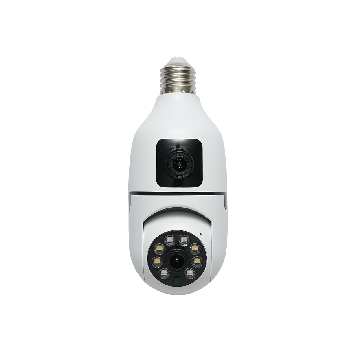 2-lens surveillance camera smart-bulb PTZ, WIFI 2.4G 1080P FHD 2MP, E27 type bulb with motion sensor, night vision and V380 Pro application.