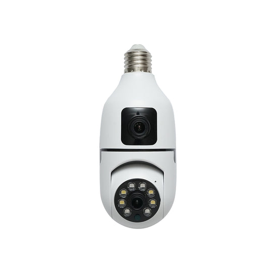 2-lens surveillance camera smart-bulb PTZ, WIFI 2.4G 1080P FHD 2MP, E27 type bulb with motion sensor, night vision and V380 Pro application.