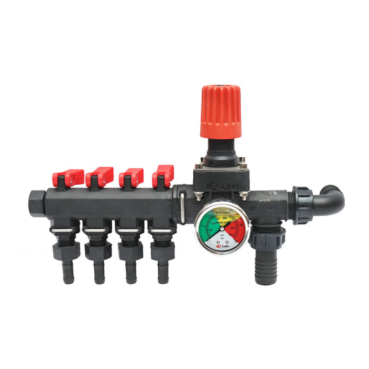 Distributor with 4 outlets and glycerin manometer for herbicide sprayer.
