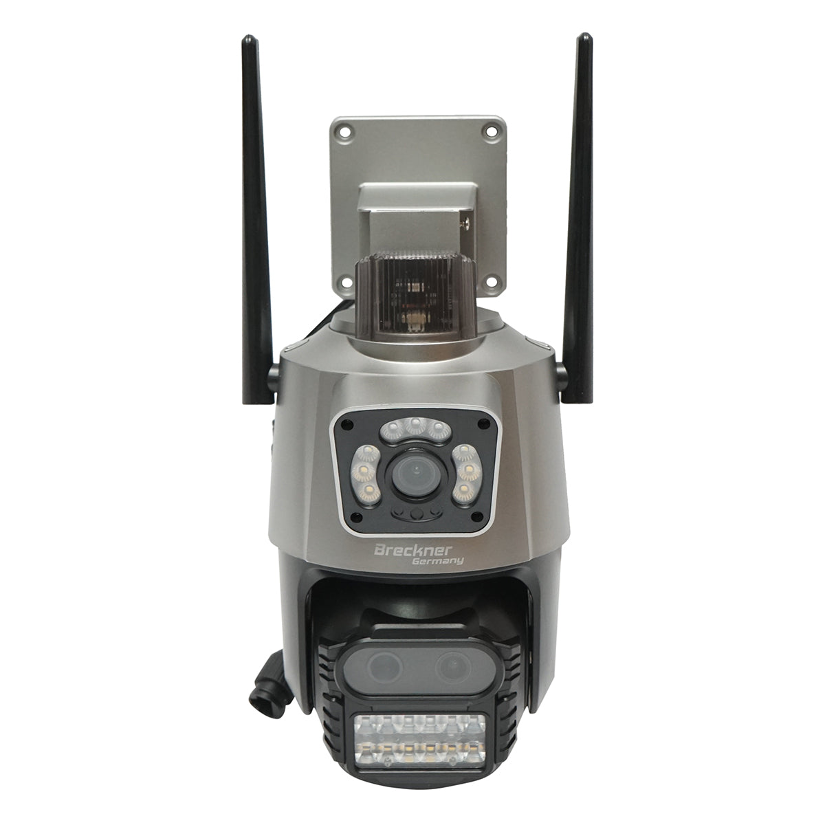 3-lens surveillance camera, 2 9 MP lenses, P2P WIFI 2.4GHz, PTZ with motion sensor, siren, human detection, and iCSee application.