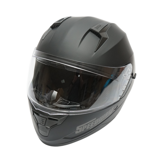 Matte black full face motorcycle helmet with a clear visor and sunglasses, size L Arcane II
