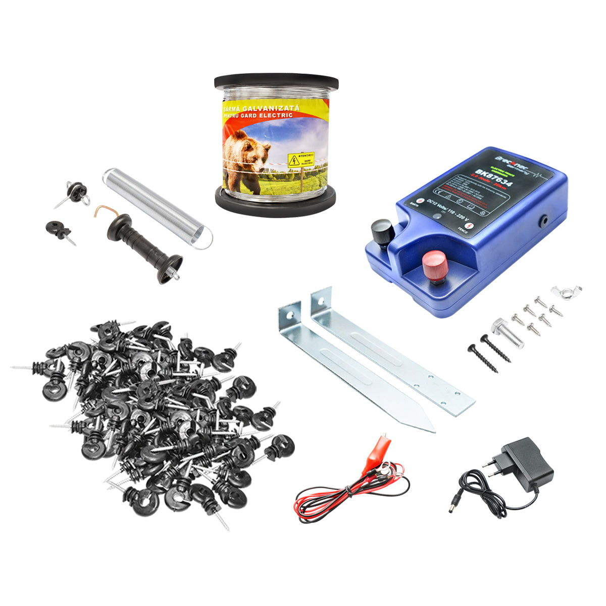 Complete electric fence kit 12V/220V, 2 Joules, wire length 1000m, 100 insulators and Breckner Germany gate kit.