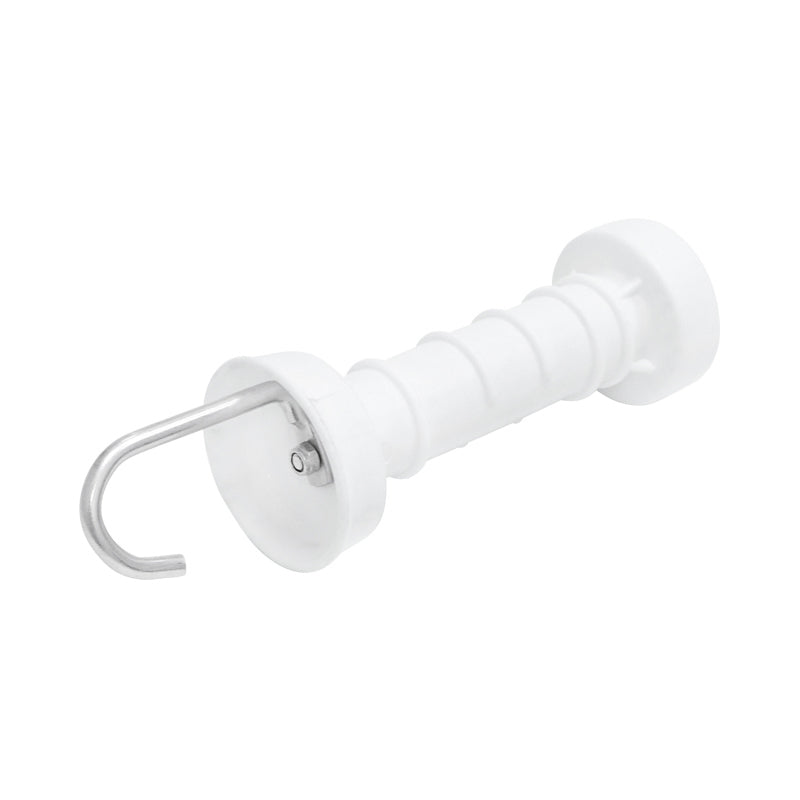 White gate handle with hook and electric fence arc Mezofarm