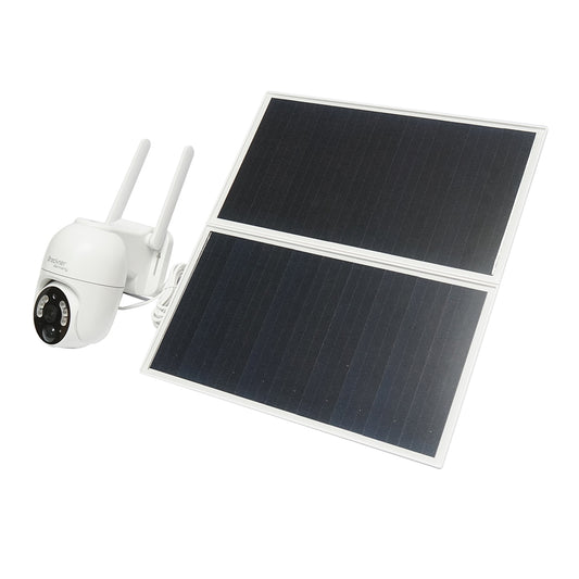 2MP surveillance camera with solar panel and 18000mAh battery, 4G SIM card, 360-degree PTZ rotation, human detection PIR, and Ubox application.