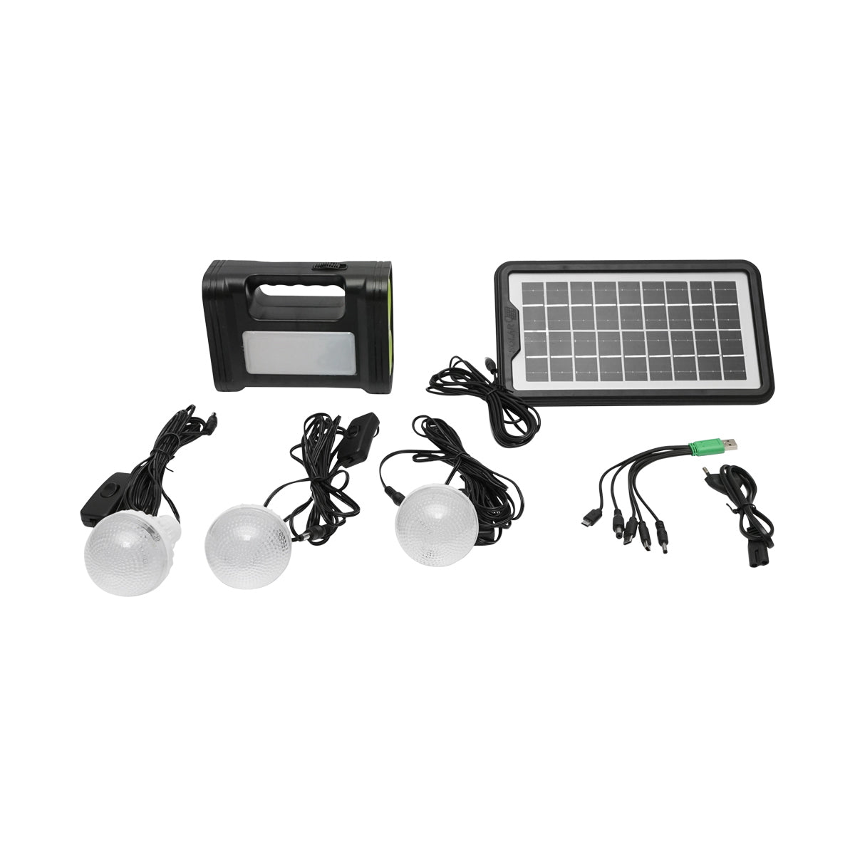 Portable LED lighting kit with 3 bulbs/projector, solar panel, and 6V, 4.5Ah battery for fishing camping GD-17