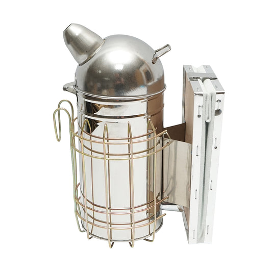 Stainless steel bee smoker with thermal shield cylinder and leather bellows 250mm